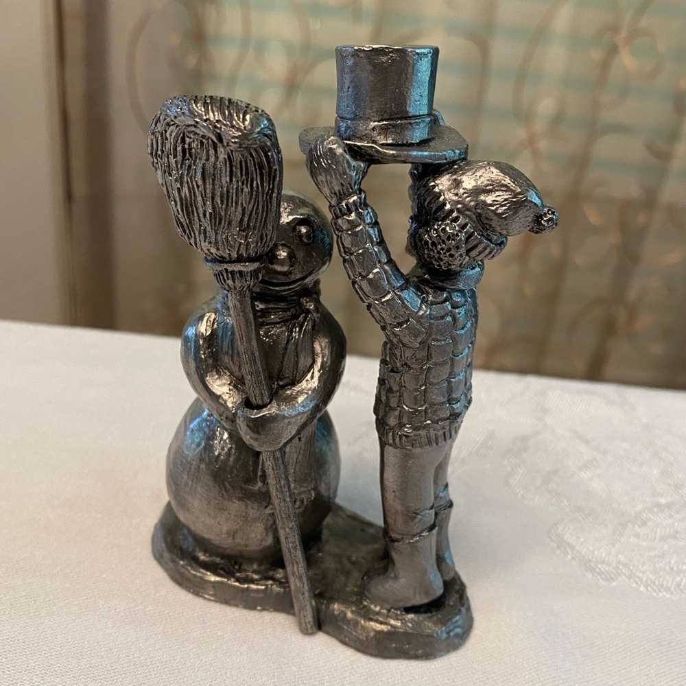 Vintage snowman and child, pewter figurine, Michael Ricker 1984